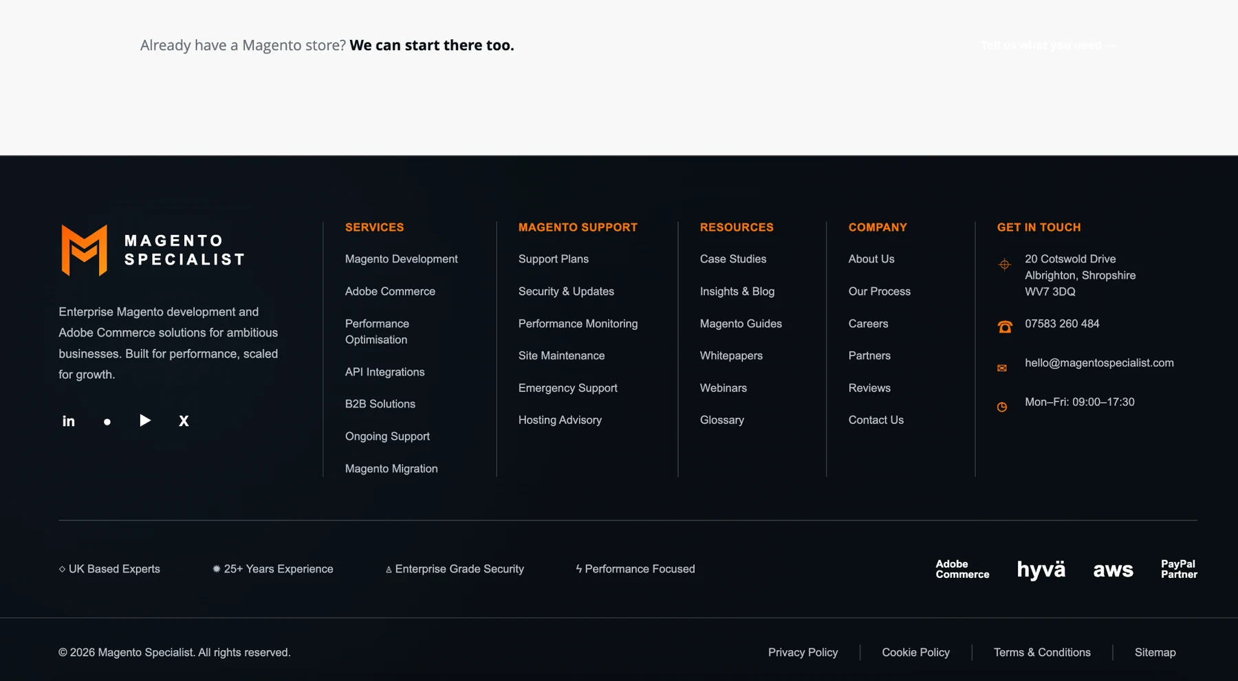 Magento Specialist footer and navigation design